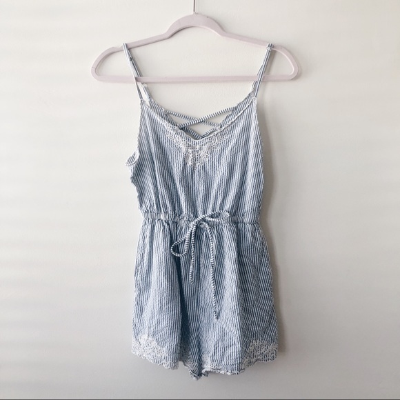 Urban Outfitters Striped Blue Embroidered Romper - Picture 2 of 9